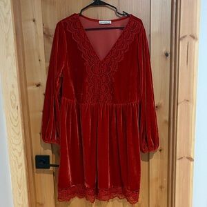 Rusty orange Red Velvet Lace Dress